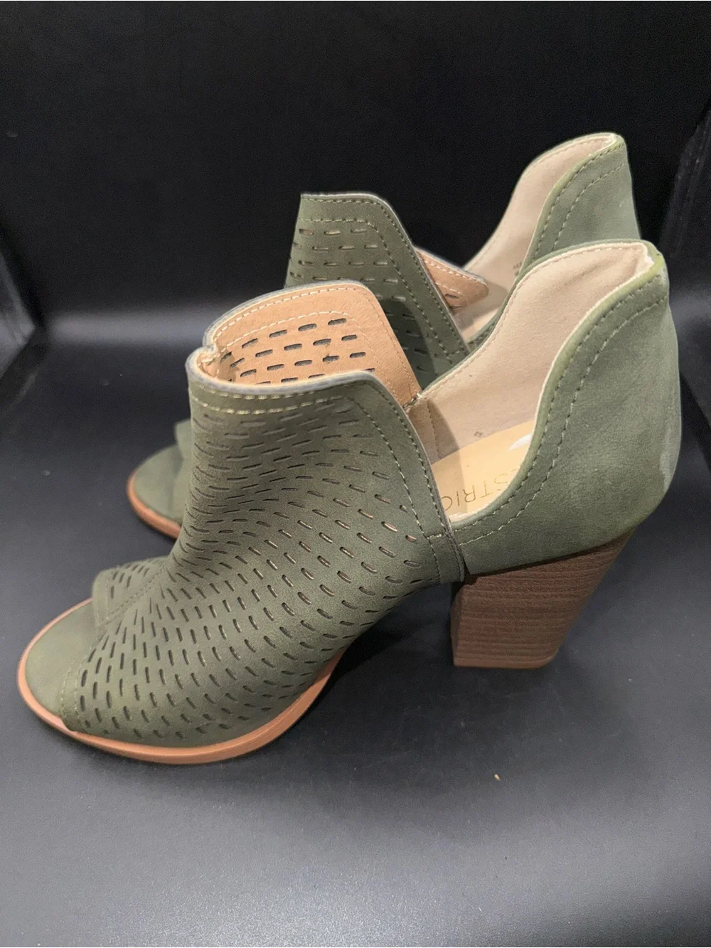 Women's Olive Green Perforated Suede Block Heel Booties
